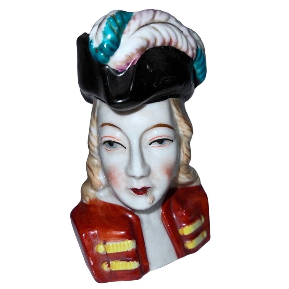 MCM Lady Head Vase Planter Red Coat, Tricorn Hat, Japan, 4.5"x3” HTF Vintage
